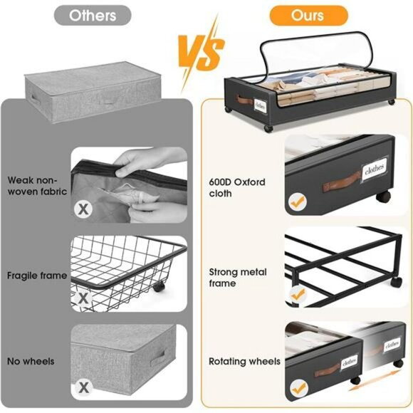 Under Bed Storage with Wheels 2 Pack Rolling Bins for Clothes Shoes Blankets - Picture 6 of 7